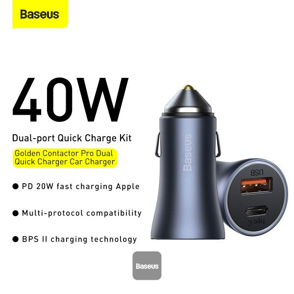 Baseus Golden Contactor Pro Dual Quick Charger Car Charger USB and Type C 40W