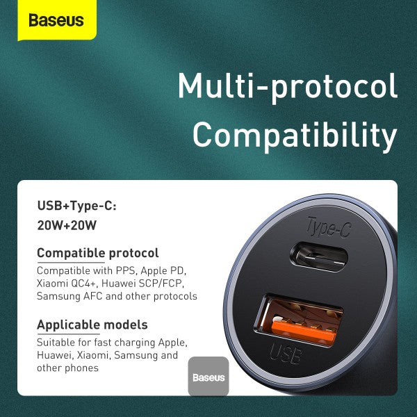 Baseus Golden Contactor Pro Dual Quick Charger Car Charger USB and Type C 40W