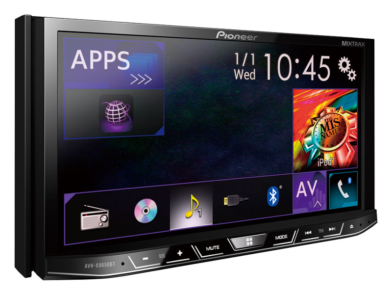 Pioneer AVH-X8650BT In-Dash Double-DIN Flagship DVD Multimedia AV Receiver with 7 WVGA Touchscreen Display, MIXTRAX, Built-in MirrorLink™, Dual USB, and SD Card Slot.