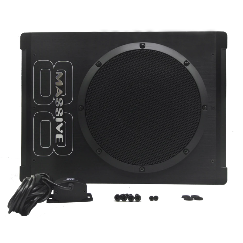 Massive BOOM88 - 8" 400 WATTS RMS HIDEAWAY UNDER SEAT POWERED SUBWOOFER, CLIP LED, BASS BOOST, 180º PHASE SHIFT